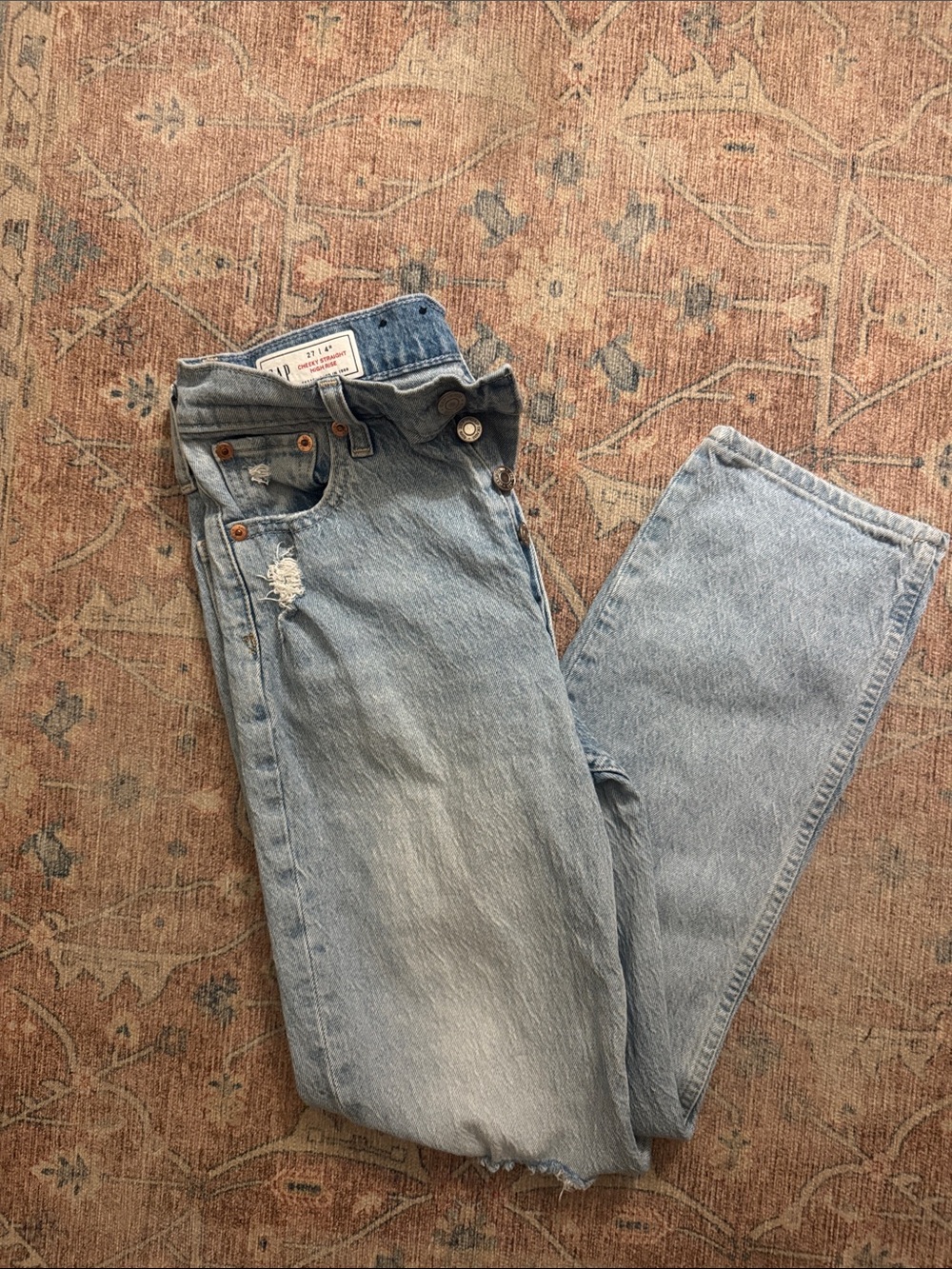 GAP Light Wash High-Rise Button-Fly Jeans with Distressing